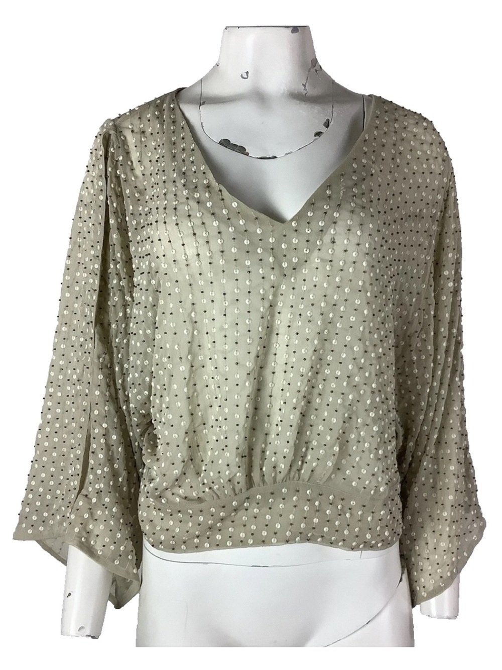 Lucky Brand Sz M All Over Beaded V Neck Boho Festival Flare Sleeve Top Brown